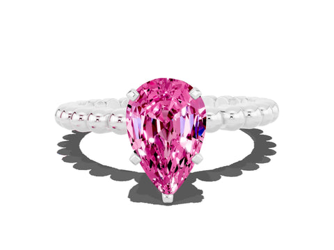 White gold Pear Cut Pink Sapphire Solitaire Ring with Beaded Band and Prong Setting_45