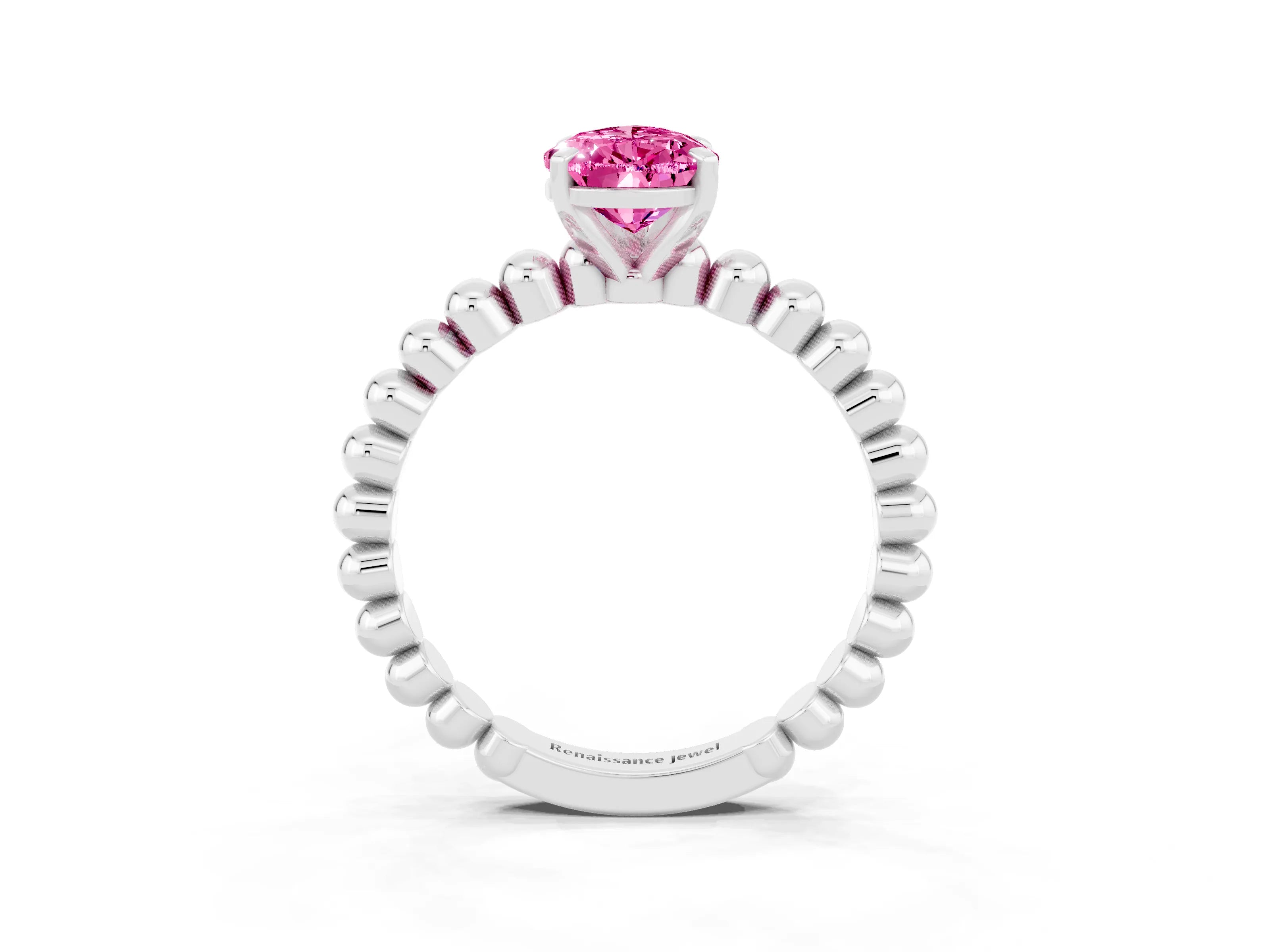 White gold Pear Cut Pink Sapphire Solitaire Ring with Beaded Band and Prong Setting_48