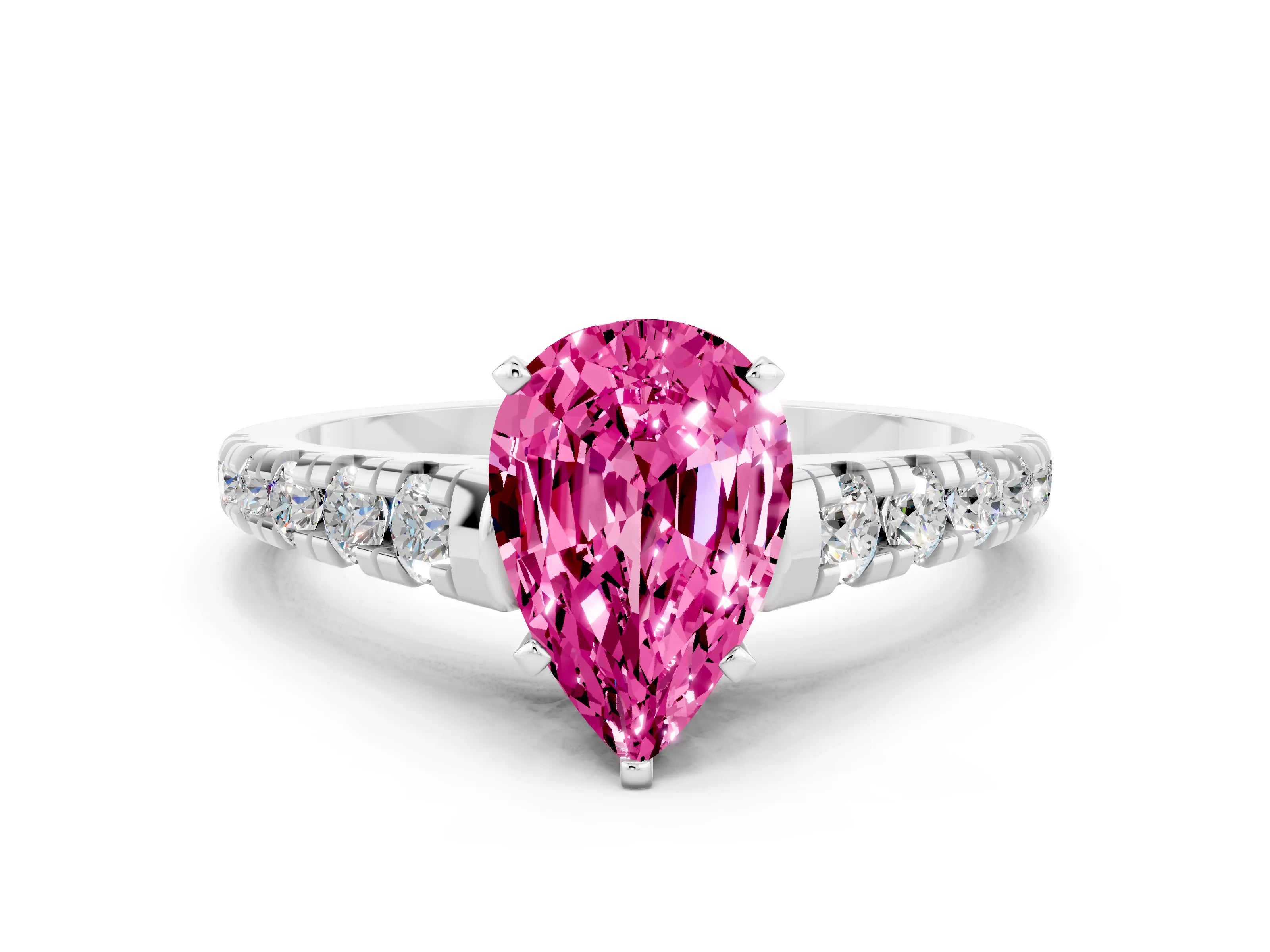 White gold Pear Cut Pink Sapphire Solitaire Ring with Cathedral Setting and Pavé Band_24