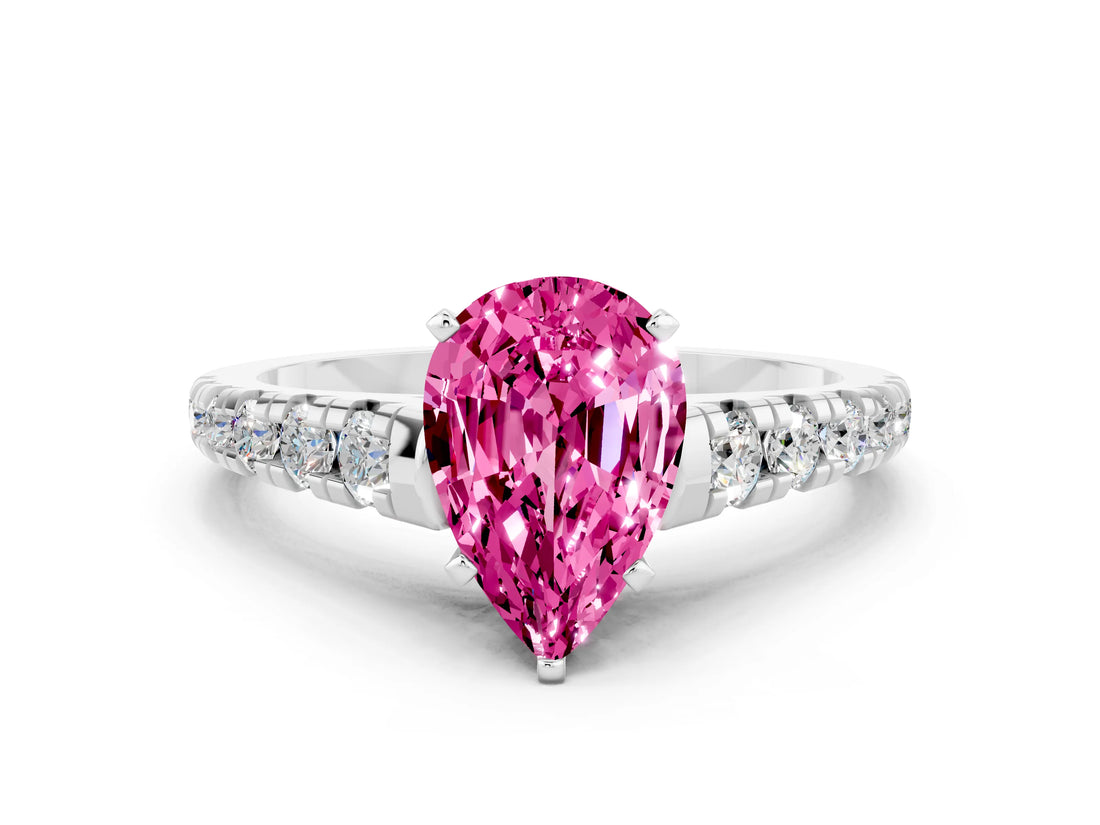 White gold Pear Cut Pink Sapphire Solitaire Ring with Cathedral Setting and Pavé Band_24