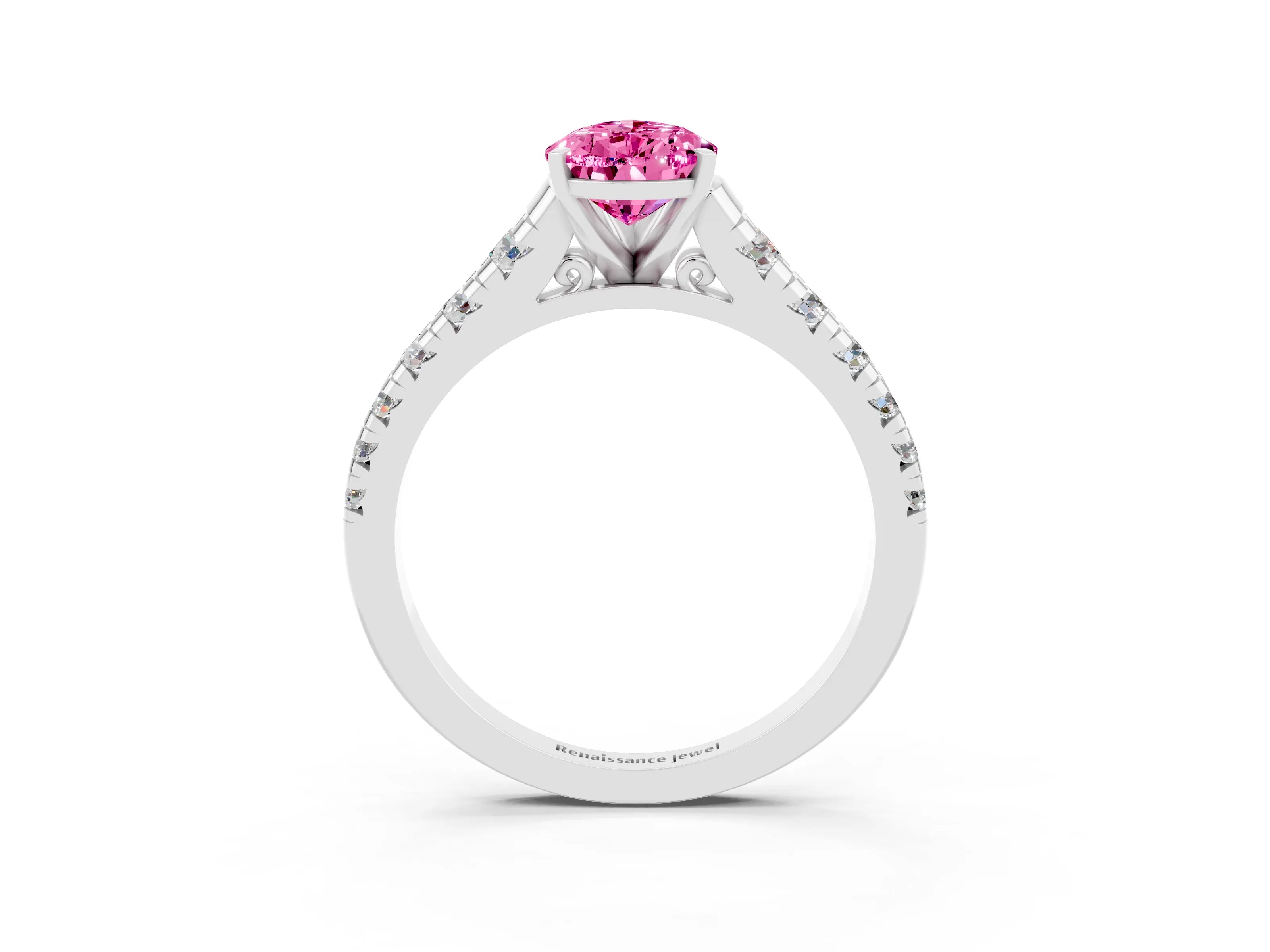 White gold Pear Cut Pink Sapphire Solitaire Ring with Cathedral Setting and Pavé Band_27