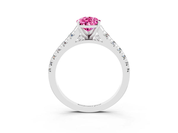 Silver Pear Cut Pink Sapphire Cathedral Solitaire Ring with Round  Pavé Band