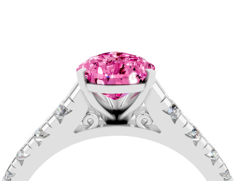White gold Pear Cut Pink Sapphire Solitaire Ring with Cathedral Setting and Pavé Band_28