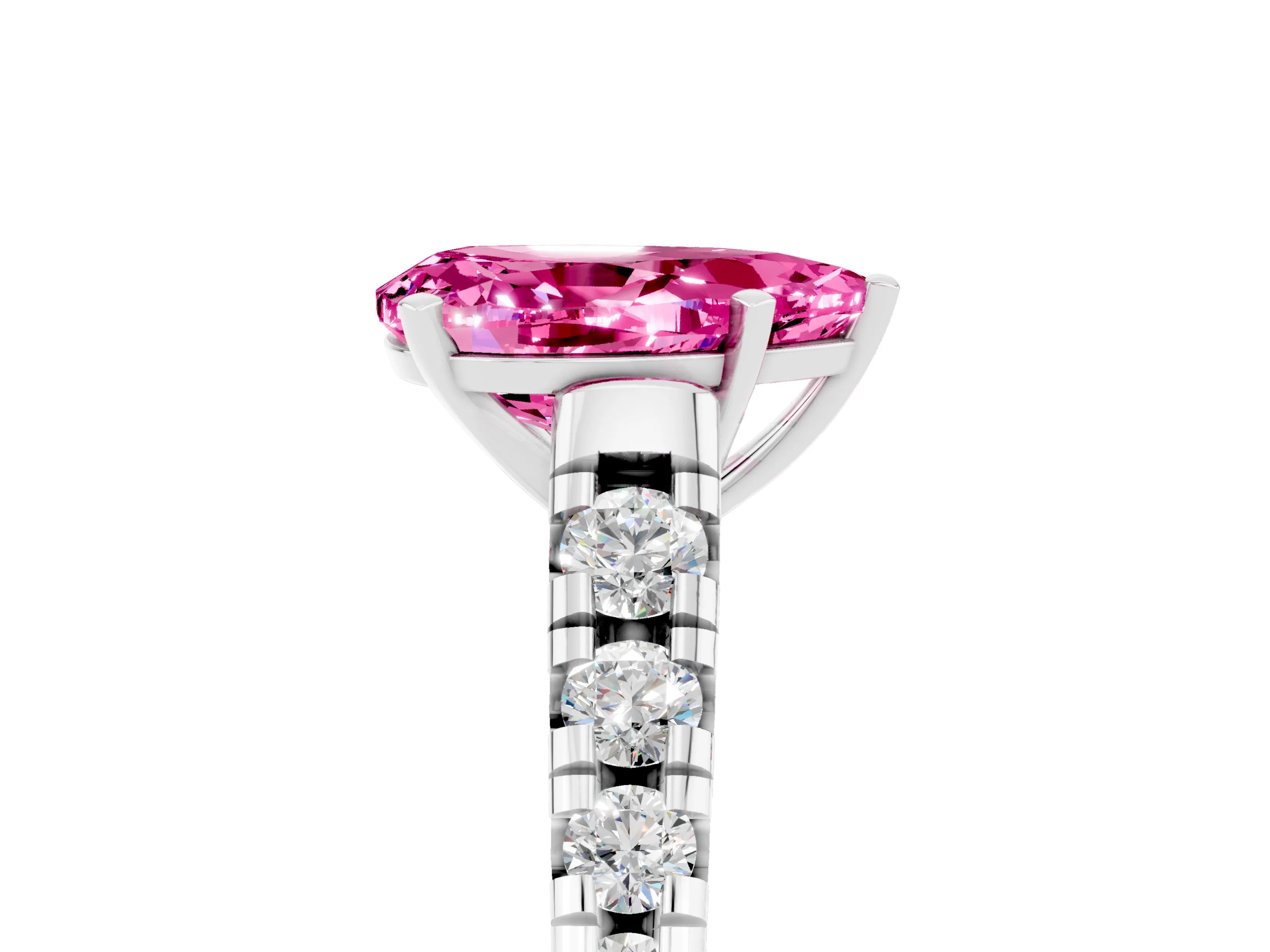 White gold Pear Cut Pink Sapphire Solitaire Ring with Cathedral Setting and Pavé Band_29