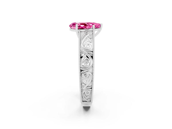 Platinum Pear Cut Pink Sapphire Solitaire Ring with Engraved Band and Four-Prong Setting