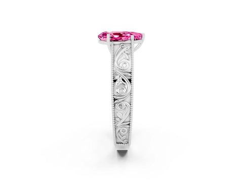 White gold Pear Cut Pink Sapphire Solitaire Ring with Engraved Band and Four-Prong Setting_2
