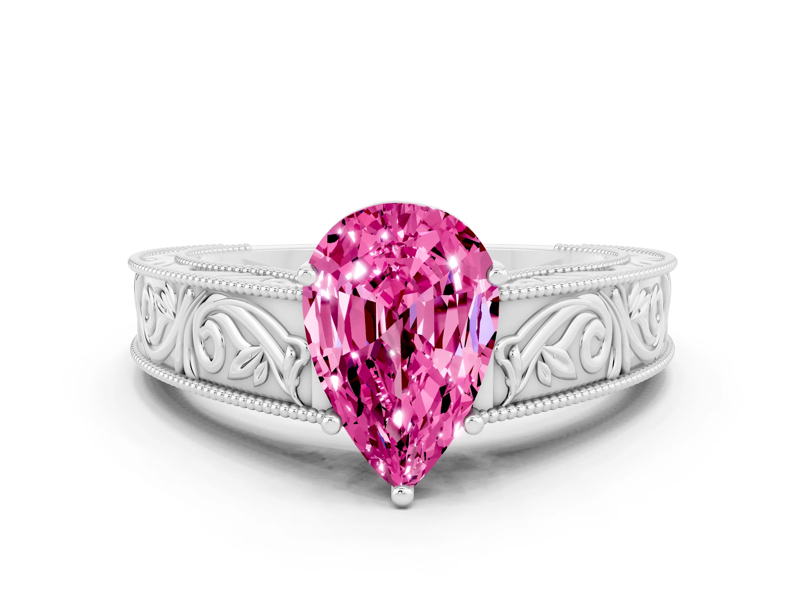 White gold Pear Cut Pink Sapphire Solitaire Ring with Engraved Band and Four-Prong Setting