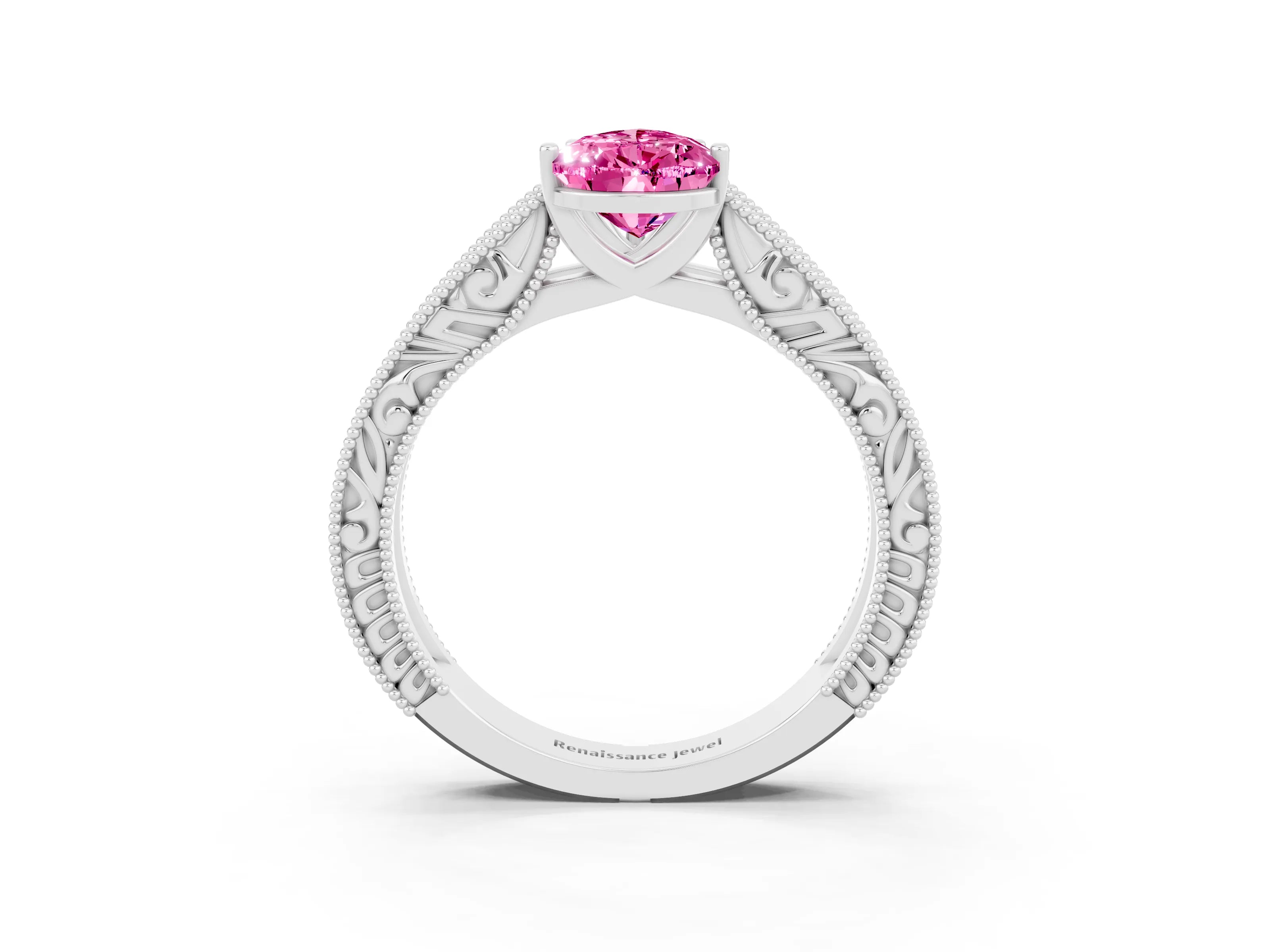 White gold Pear Cut Pink Sapphire Solitaire Ring with Engraved Band and Four-Prong Setting_3