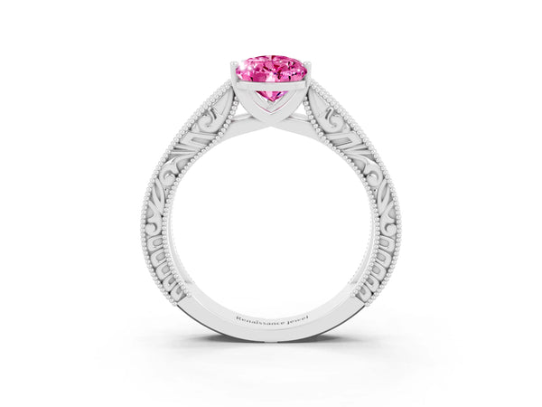 White gold Pear Cut Pink Sapphire Solitaire Ring with Engraved Band and Four-Prong Setting