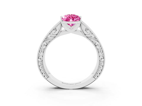 White gold Pear Cut Pink Sapphire Solitaire Ring with Engraved Band and Four-Prong Setting_3