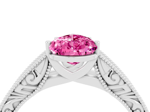 White gold Pear Cut Pink Sapphire Solitaire Ring with Engraved Band and Four-Prong Setting_4