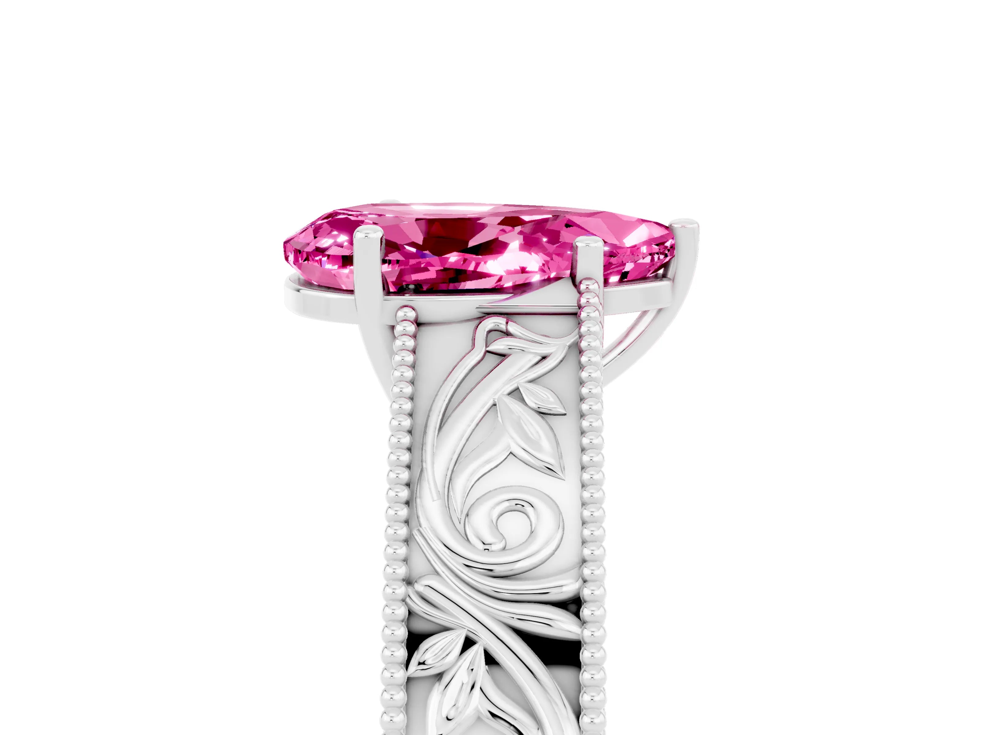 White gold Pear Cut Pink Sapphire Solitaire Ring with Engraved Band and Four-Prong Setting_5