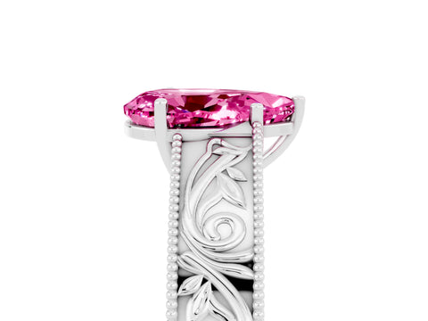 White gold Pear Cut Pink Sapphire Solitaire Ring with Engraved Band and Four-Prong Setting_5