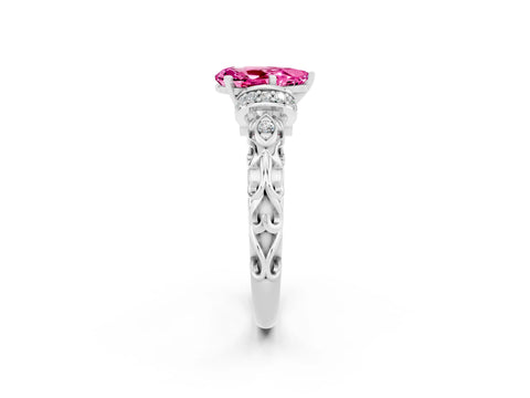 White gold Pear Cut Pink Sapphire Solitaire Ring with Filigree Band and Four-Prong Setting_50
