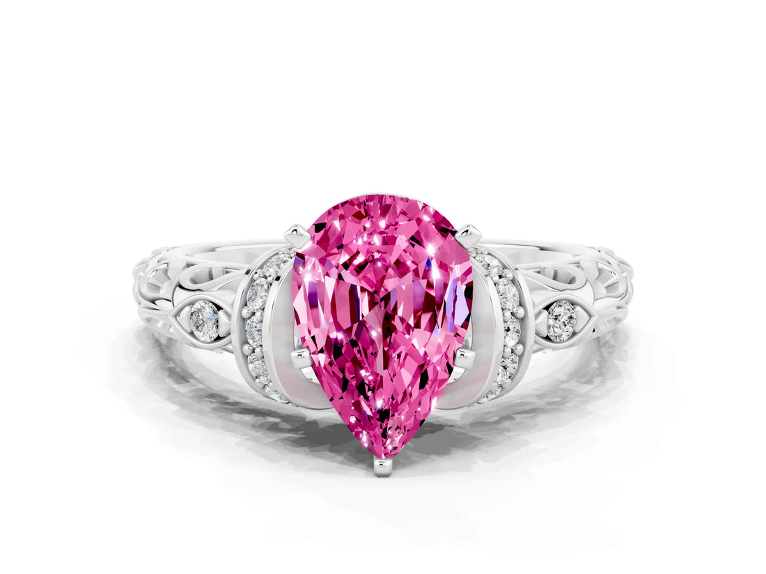 White gold Pear Cut Pink Sapphire Solitaire Ring with Filigree Band and Four-Prong Setting_57