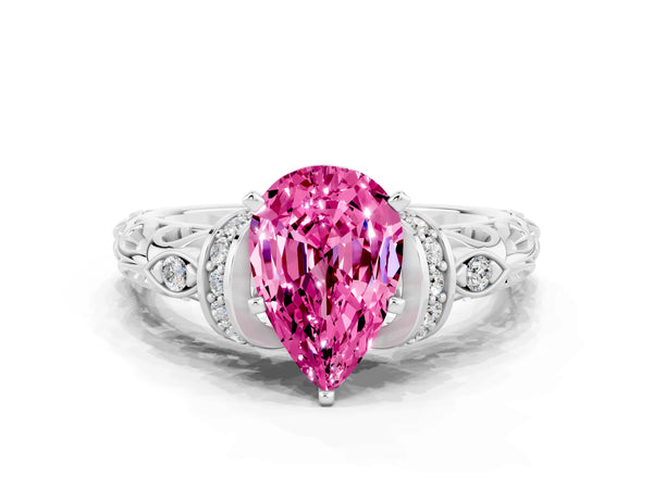White gold Pear Cut Pink Sapphire Solitaire Ring with Filigree Band and Four-Prong Setting