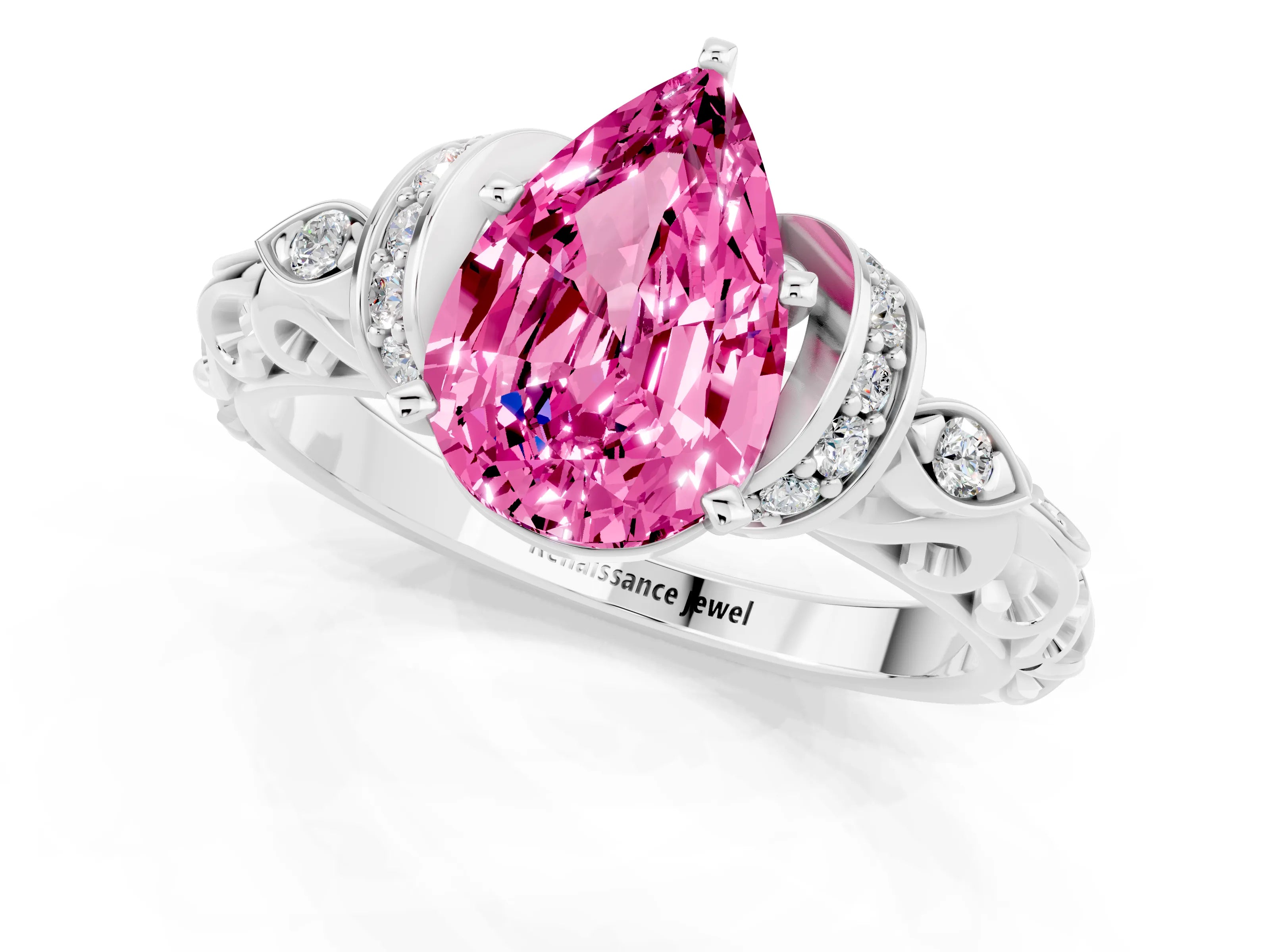 White gold Pear Cut Pink Sapphire Solitaire Ring with Filigree Band and Four-Prong Setting_58