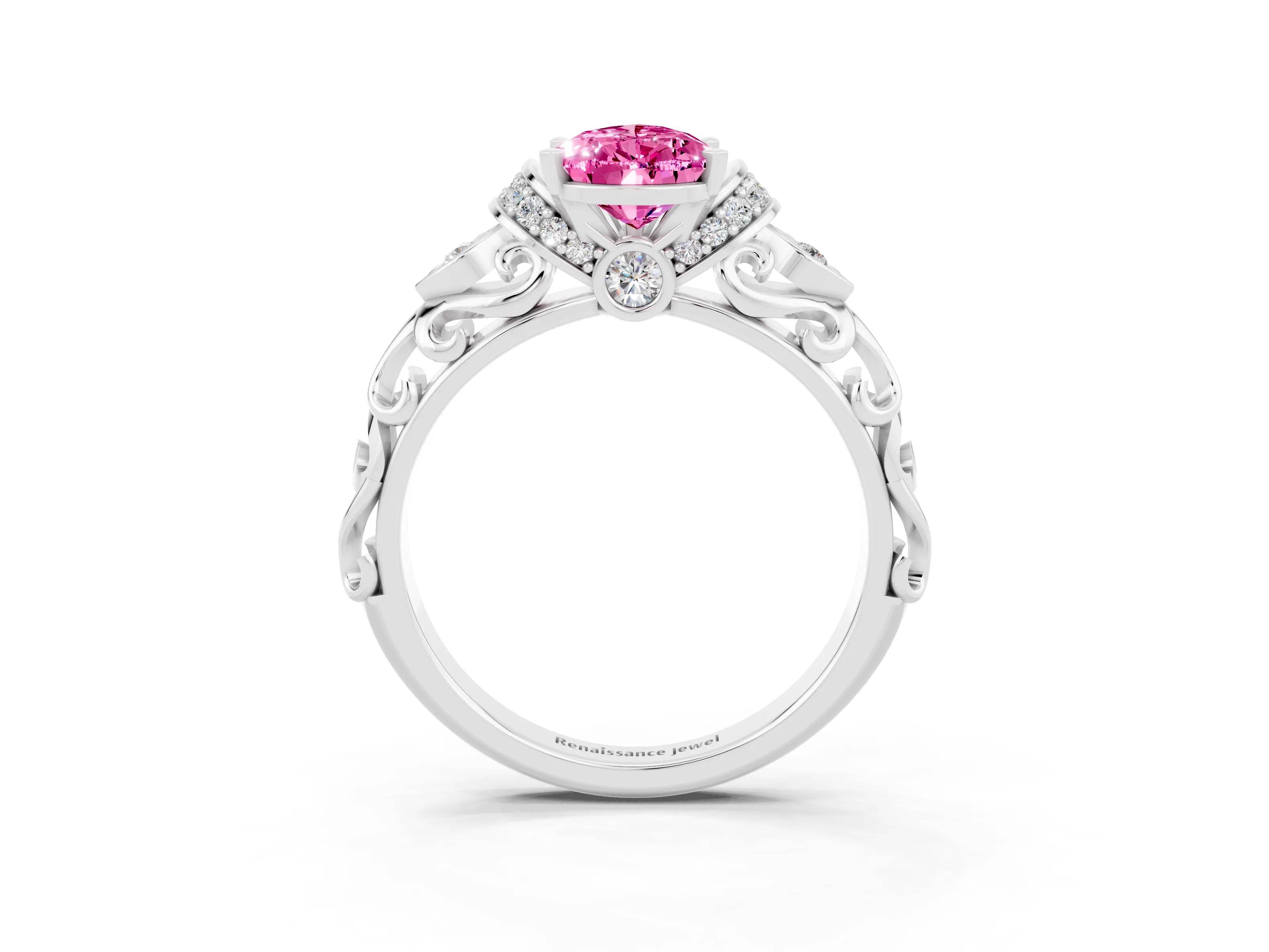 White gold Pear Cut Pink Sapphire Solitaire Ring with Filigree Band and Four-Prong Setting_63