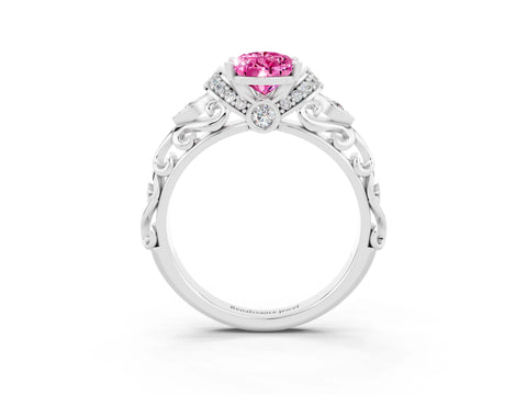 White gold Pear Cut Pink Sapphire Solitaire Ring with Filigree Band and Four-Prong Setting_75