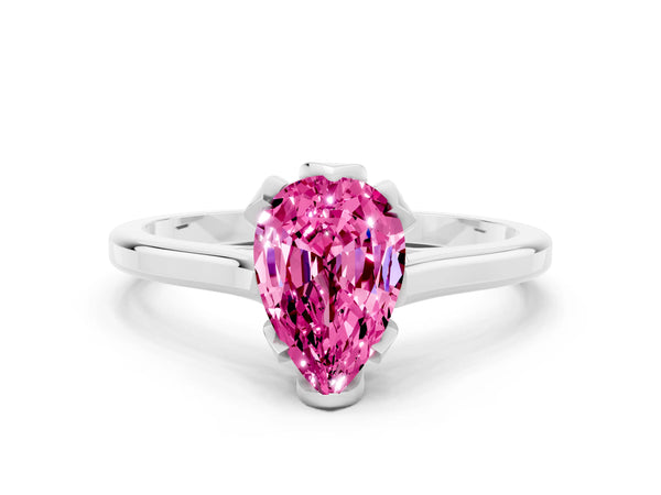 Platinum Pear Cut Pink Sapphire Solitaire Ring with Flower Prong Setting and Classic Band