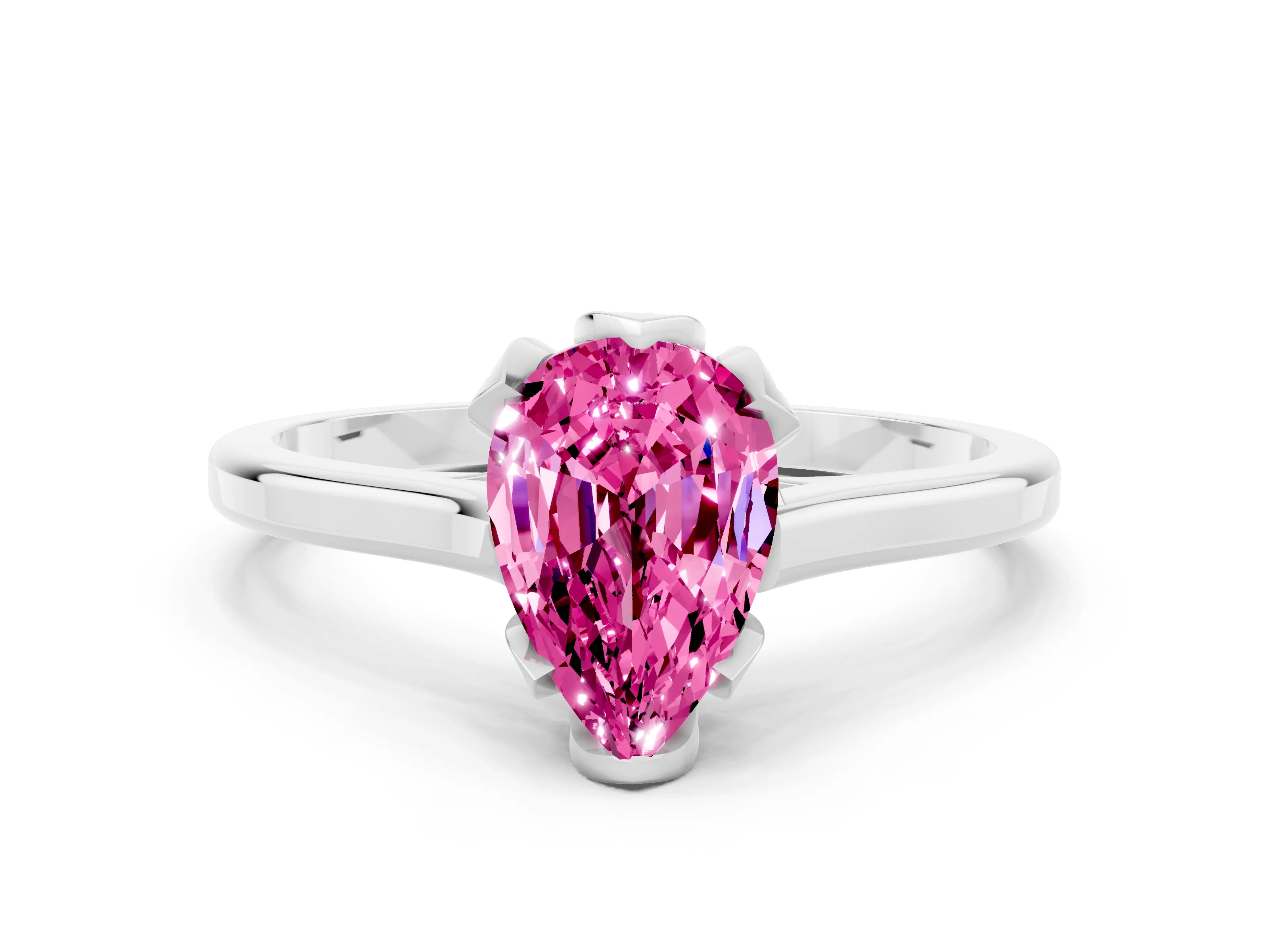 White gold Pear Cut Pink Sapphire Solitaire Ring with Flower Prong Setting and Classic Band_12