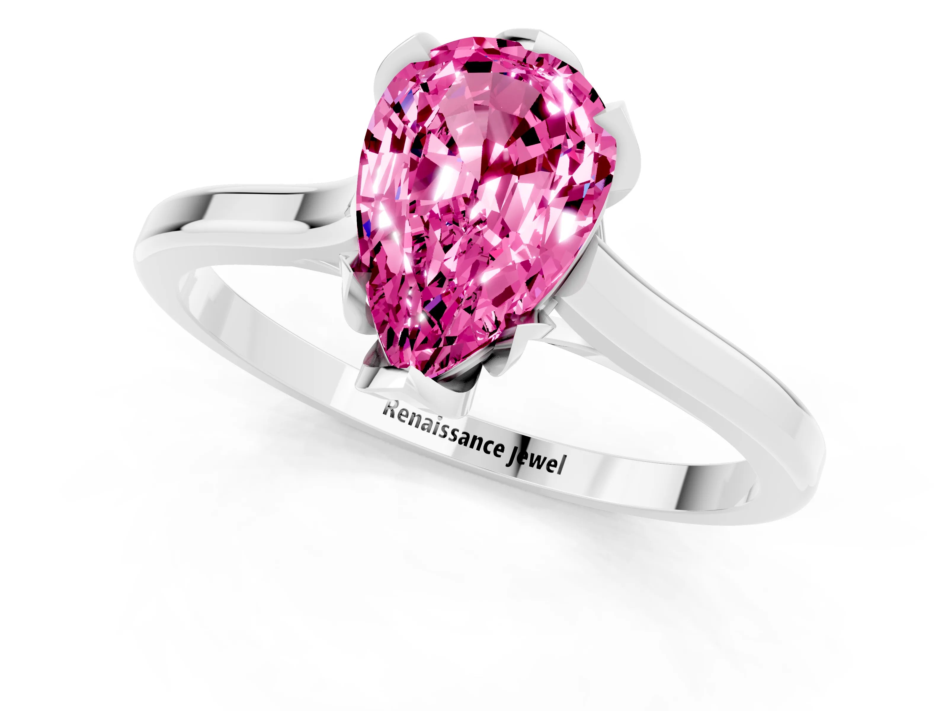 White gold Pear Cut Pink Sapphire Solitaire Ring with Flower Prong Setting and Classic Band_13