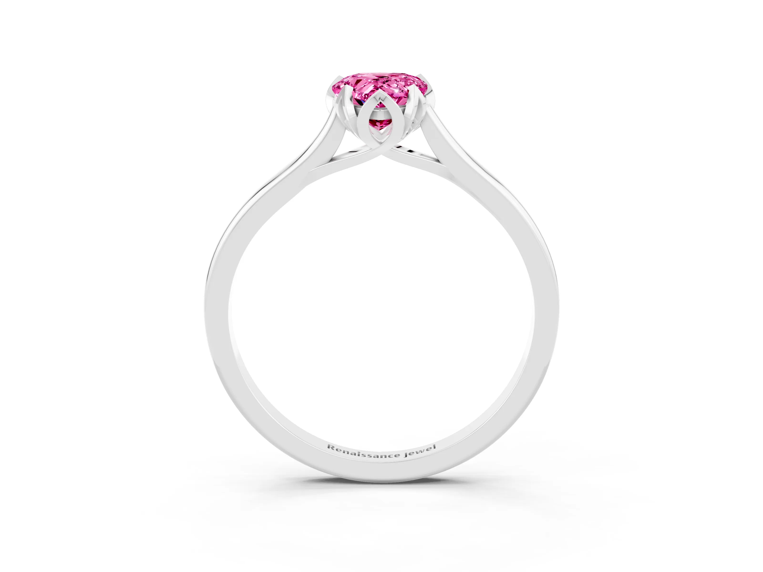 White gold Pear Cut Pink Sapphire Solitaire Ring with Flower Prong Setting and Classic Band_15
