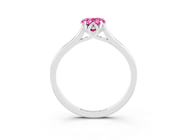 White gold Pear Cut Pink Sapphire Solitaire Ring with Flower Prong Setting and Classic Band