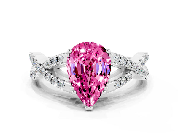 Silver Pear Cut Pink Sapphire Solitaire Ring with Four-Prong Setting and Twisted Pavé Band