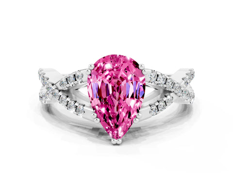 White gold Pear Cut Pink Sapphire Solitaire Ring with Four-Prong Setting and Twisted Pavé Band_12