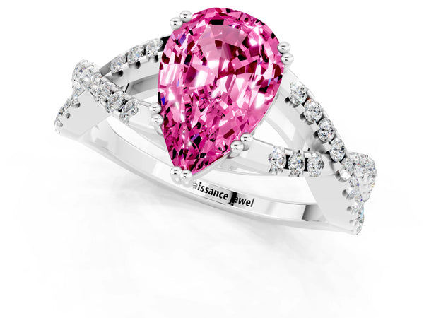 Silver Pear Cut Pink Sapphire Solitaire Ring with Four-Prong Setting and Twisted Pavé Band