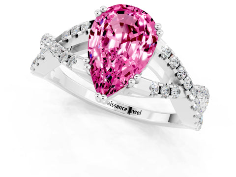 White gold Pear Cut Pink Sapphire Solitaire Ring with Four-Prong Setting and Twisted Pavé Band_13