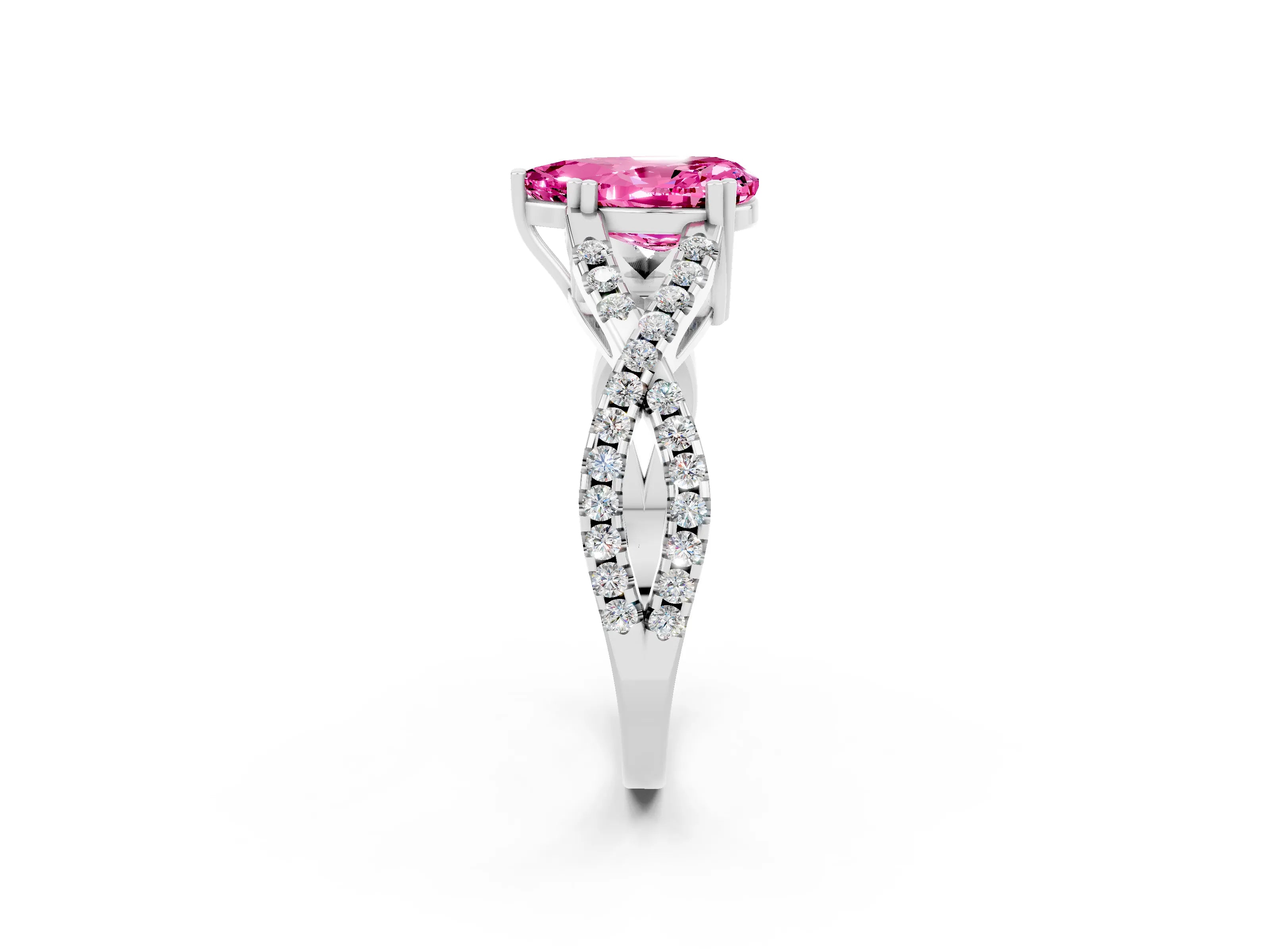 White gold Pear Cut Pink Sapphire Solitaire Ring with Four-Prong Setting and Twisted Pavé Band_14