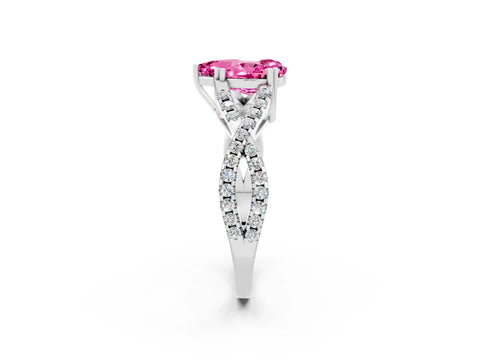 White gold Pear Cut Pink Sapphire Solitaire Ring with Four-Prong Setting and Twisted Pavé Band_14
