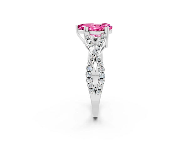 Silver Pear Cut Pink Sapphire Solitaire Ring with Four-Prong Setting and Twisted Pavé Band