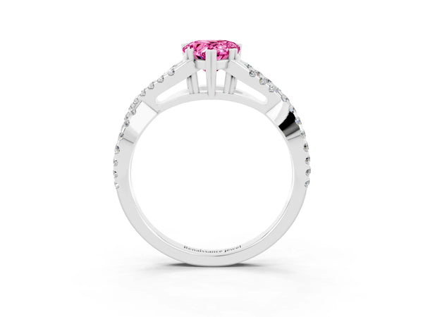 Platinum Pear Cut Pink Sapphire Solitaire Ring with Four-Prong Setting and Twisted Pavé Band