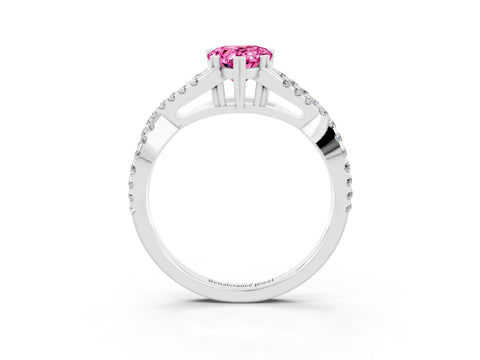 White gold Pear Cut Pink Sapphire Solitaire Ring with Four-Prong Setting and Twisted Pavé Band_15