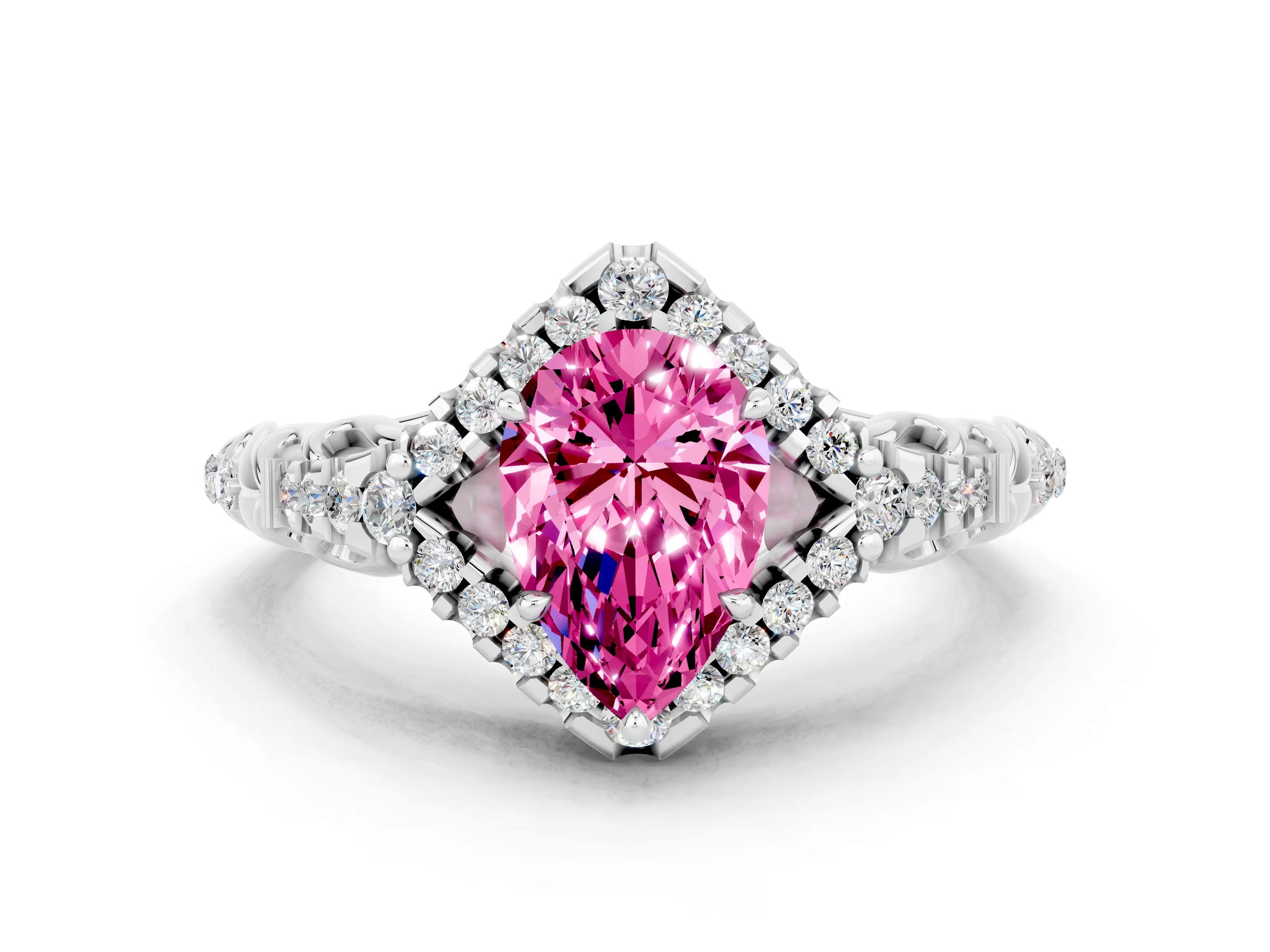 White gold Pear Cut Pink Sapphire Solitaire Ring with Hidden Halo and Pavé Band_12