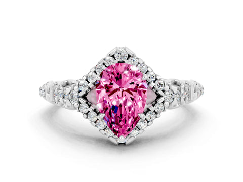 White gold Pear Cut Pink Sapphire Solitaire Ring with Hidden Halo and Pavé Band_12