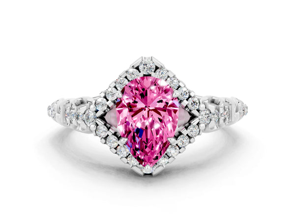 Silver Pear Cut Pink Sapphire Solitaire Ring with Hidden Halo and Pavé Band