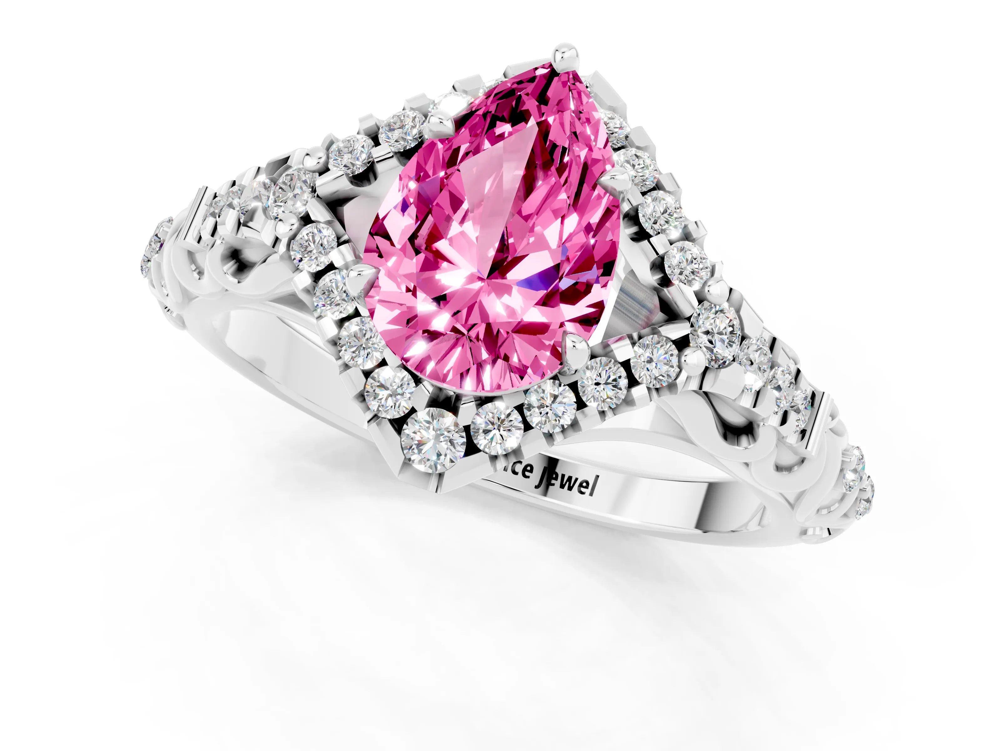 White gold Pear Cut Pink Sapphire Solitaire Ring with Hidden Halo and Pavé Band_13