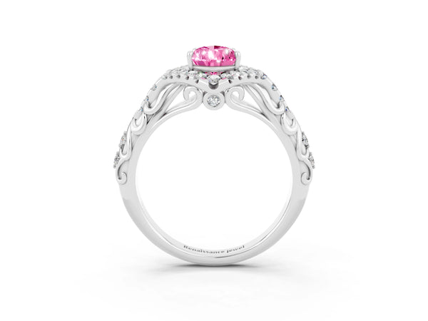 Silver Pear Cut Pink Sapphire Solitaire Ring with Hidden Halo and Pavé Band