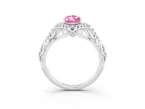 White gold Pear Cut Pink Sapphire Solitaire Ring with Hidden Halo and Pavé Band_15