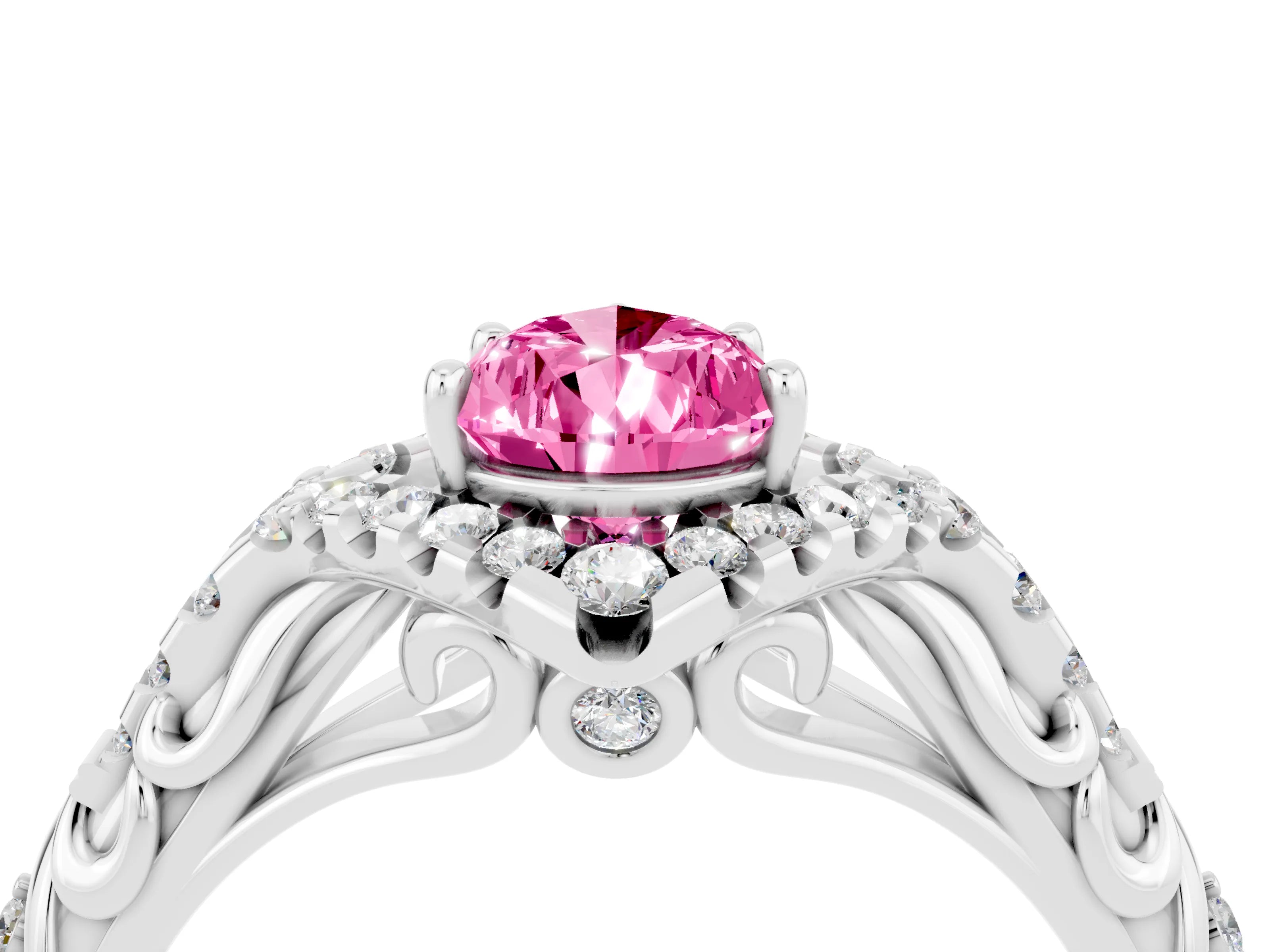 White gold Pear Cut Pink Sapphire Solitaire Ring with Hidden Halo and Pavé Band_16