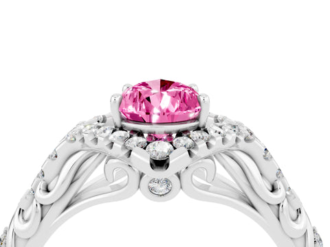 White gold Pear Cut Pink Sapphire Solitaire Ring with Hidden Halo and Pavé Band_16