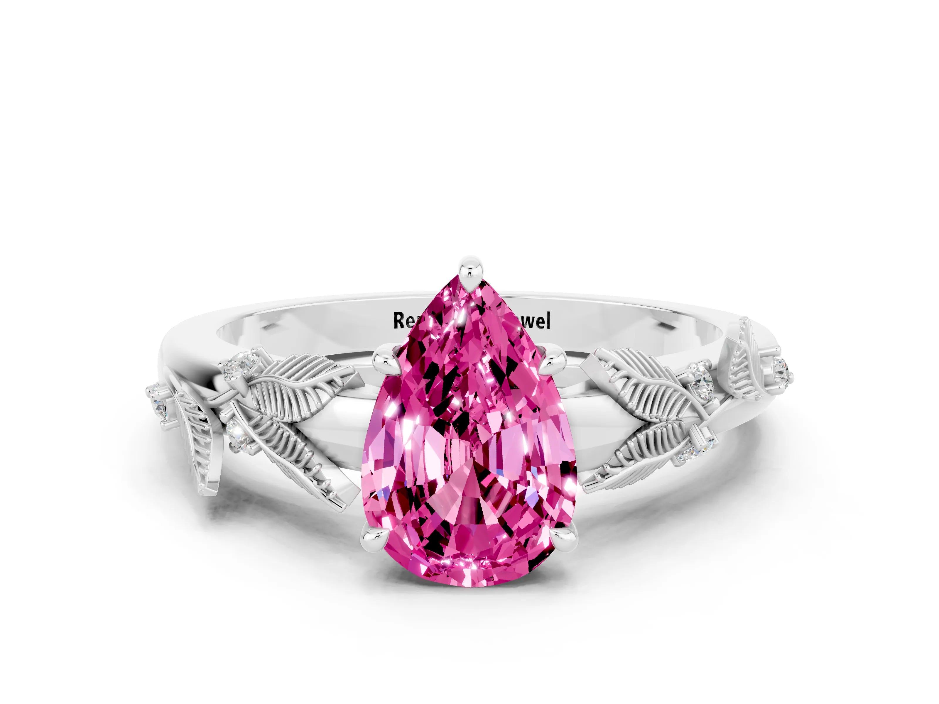 White gold Pear Cut Pink Sapphire Solitaire Ring with Leaf Motif Band and Four-Prong Setting_12