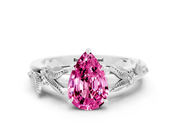 White gold Pear Cut Pink Sapphire Solitaire Ring with Leaf Motif Band and Four-Prong Setting
