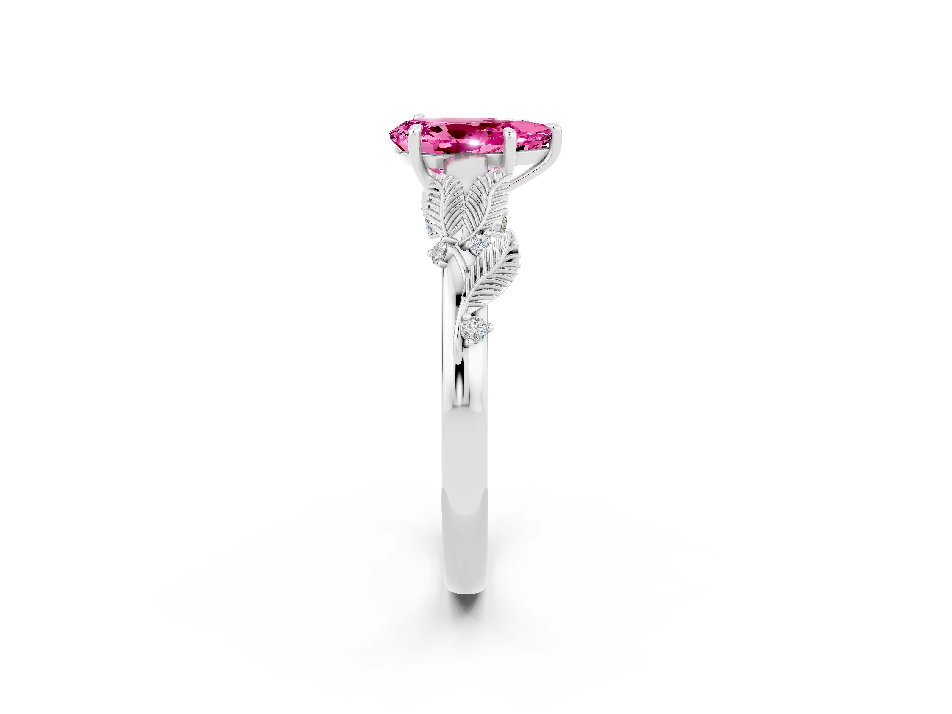 White gold Pear Cut Pink Sapphire Solitaire Ring with Leaf Motif Band and Four-Prong Setting_14