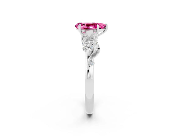 White gold Pear Cut Pink Sapphire Solitaire Ring with Leaf Motif Band and Four-Prong Setting