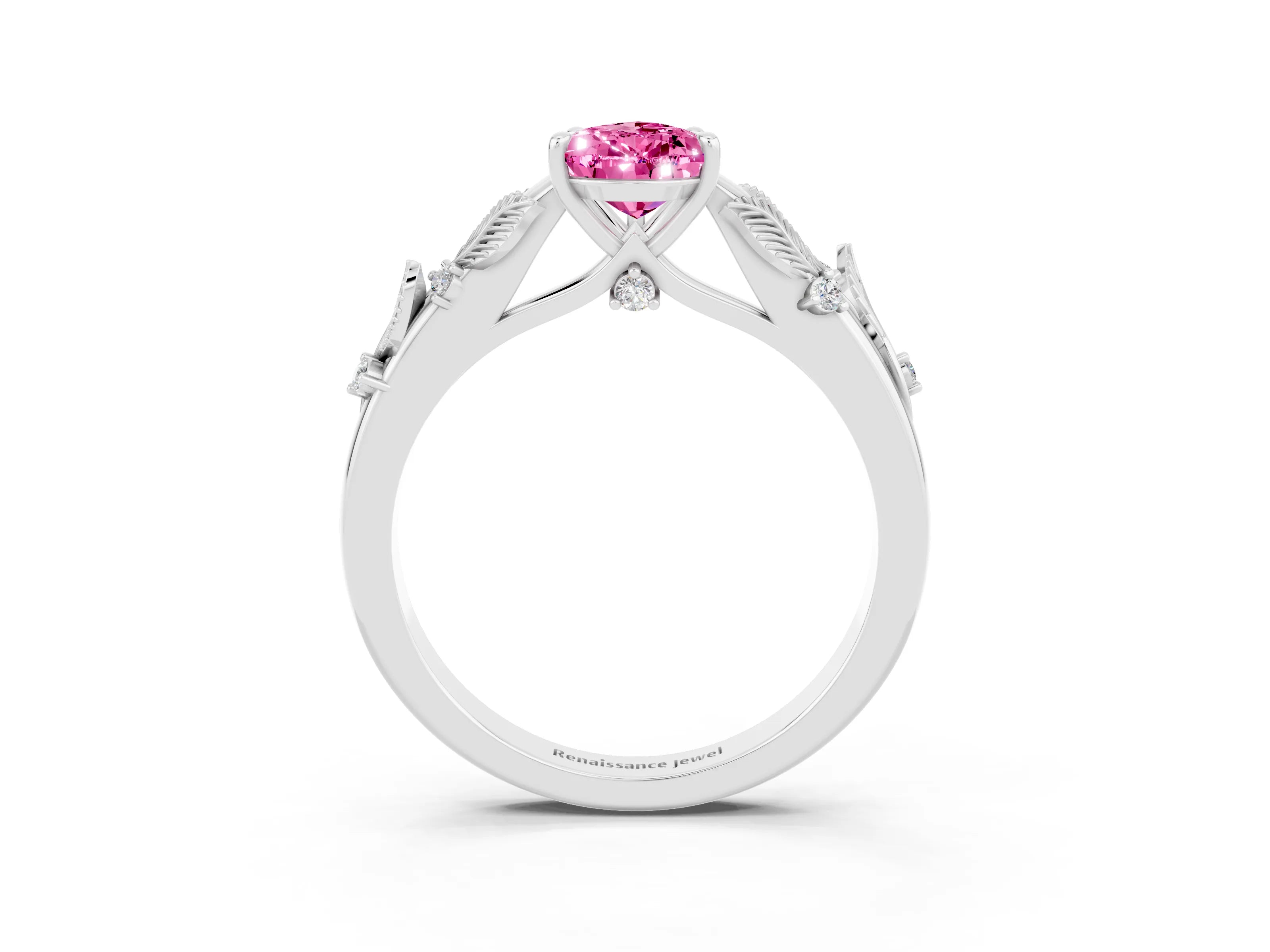 White gold Pear Cut Pink Sapphire Solitaire Ring with Leaf Motif Band and Four-Prong Setting_15